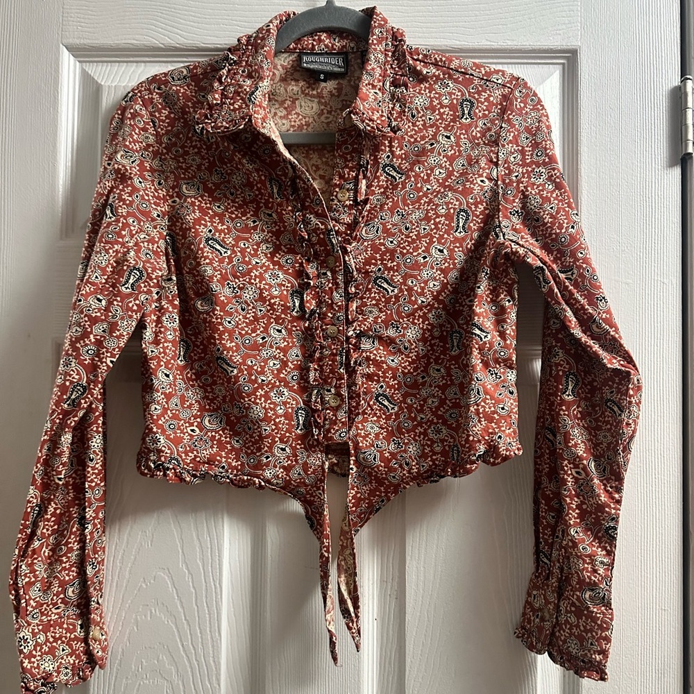 Rough rider by Circle T Western Cropped Tie Front Button Down Shirt Size Small